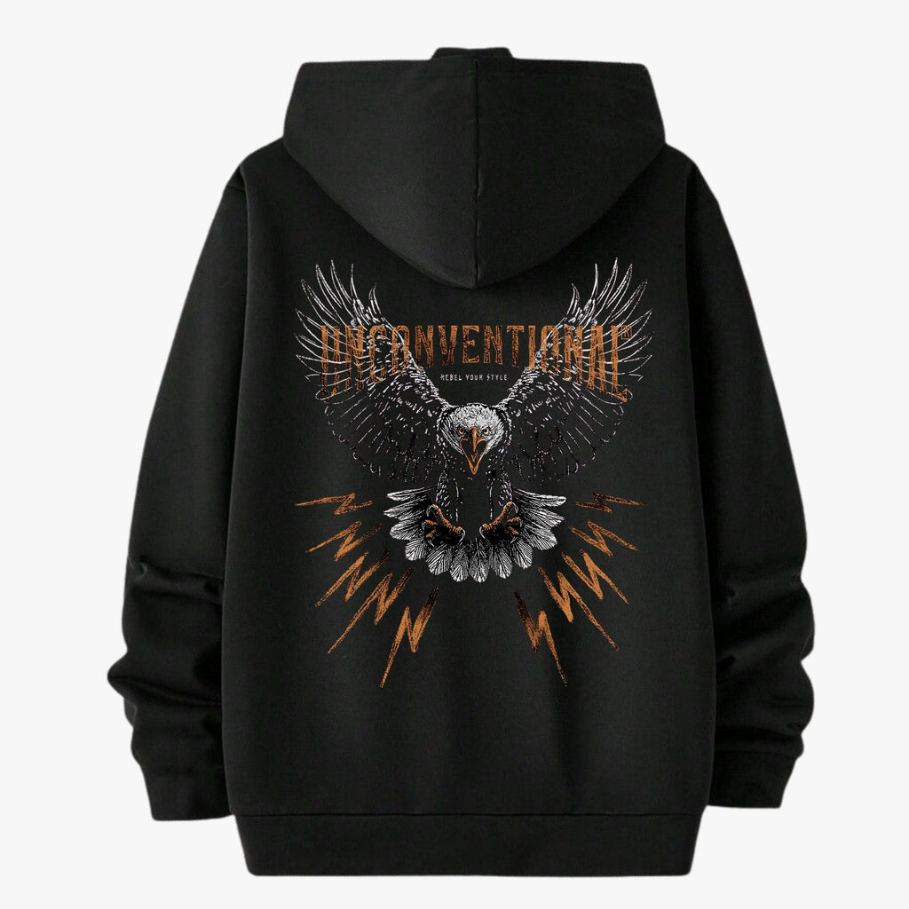 Unconventional Oversized Hoodie — Back with eagle wingspan graphic and gold lightning bolts