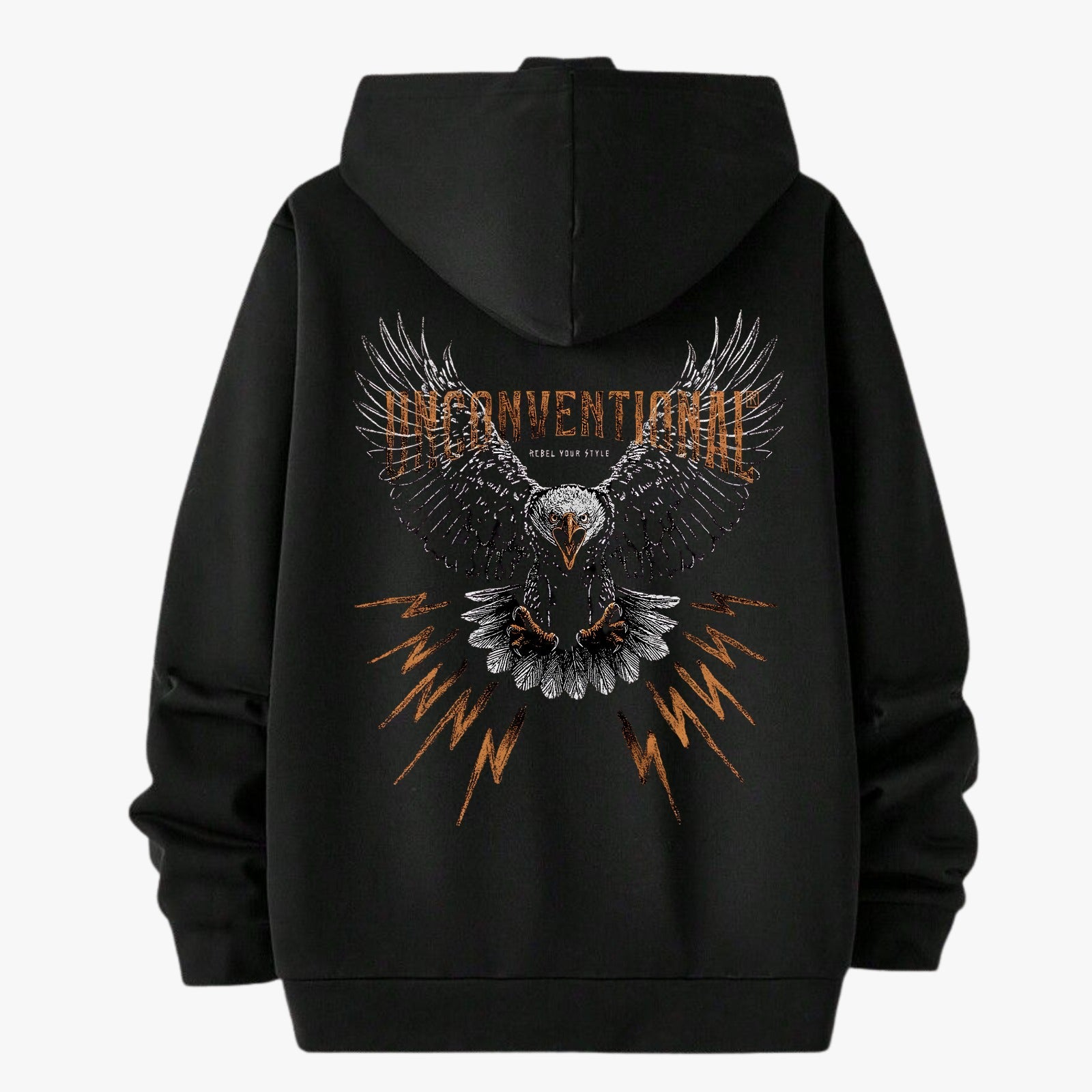 Unconventional Oversized Hoodie — Back with eagle wingspan graphic and gold lightning bolts