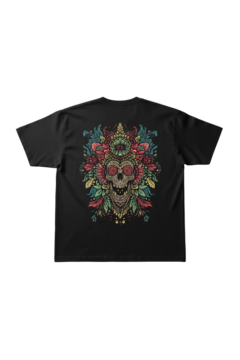 FLORAL SKULL — On Black Oversized T-Shirt