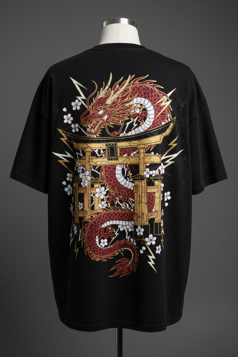 Dragon & Torii Gate (Black Tee) on Oversized T-Shirt