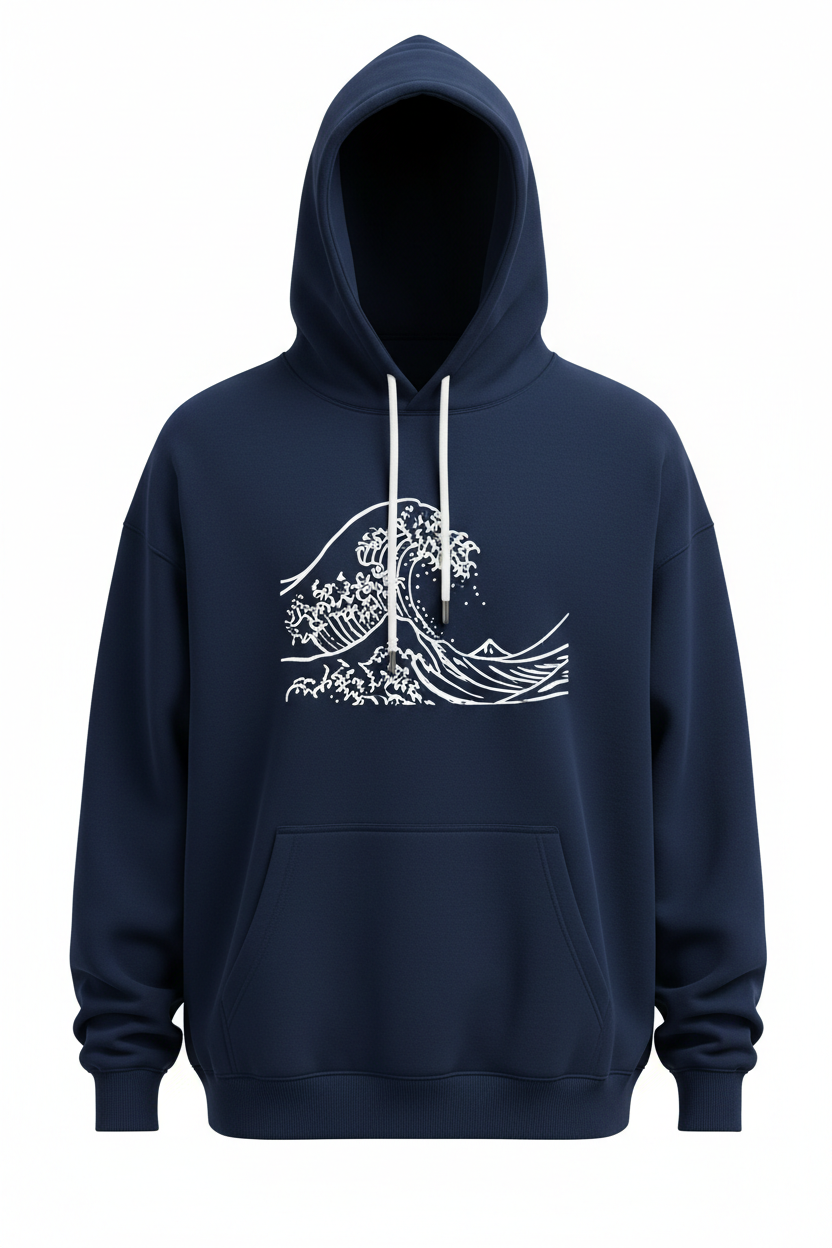 Premium Oversized Hoodie — Navy Blue | Japanese Wave Print