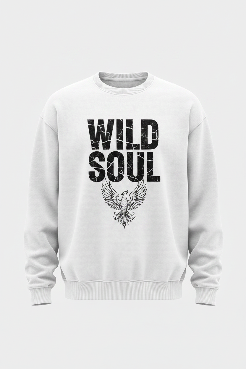 Sweatshirt — White | "Wild Soul" Typography + Phoenix