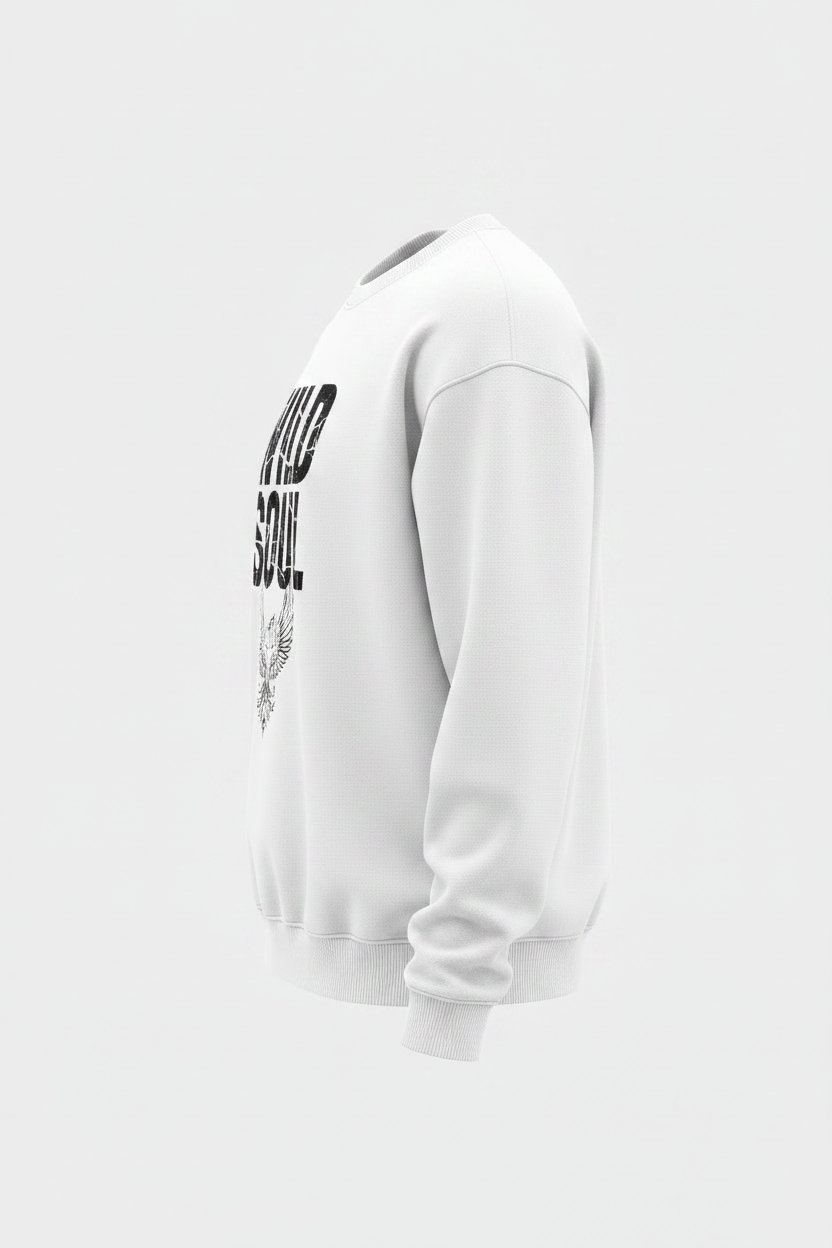Sweatshirt — White | "Wild Soul" Typography + Phoenix
