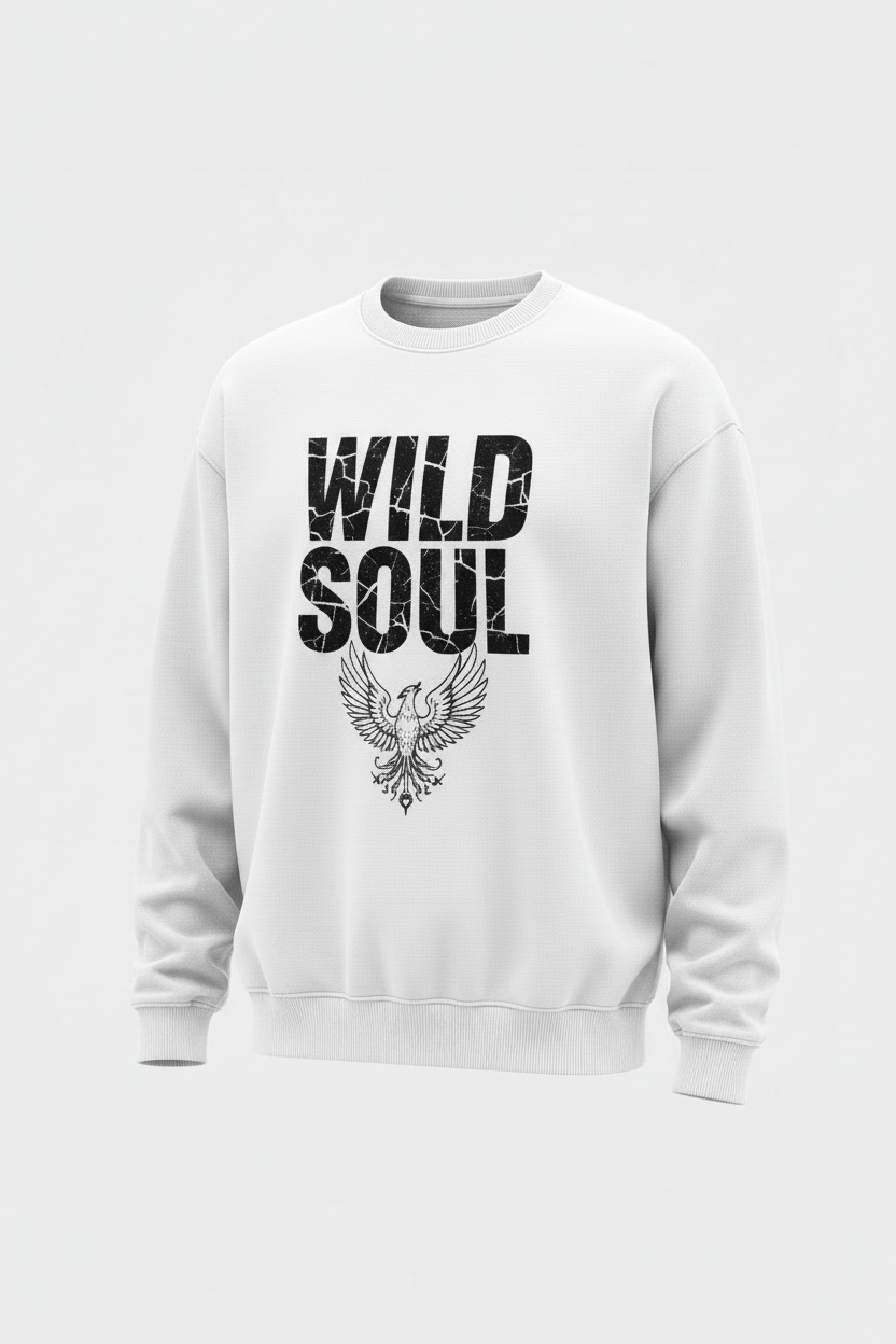Sweatshirt — White | "Wild Soul" Typography + Phoenix
